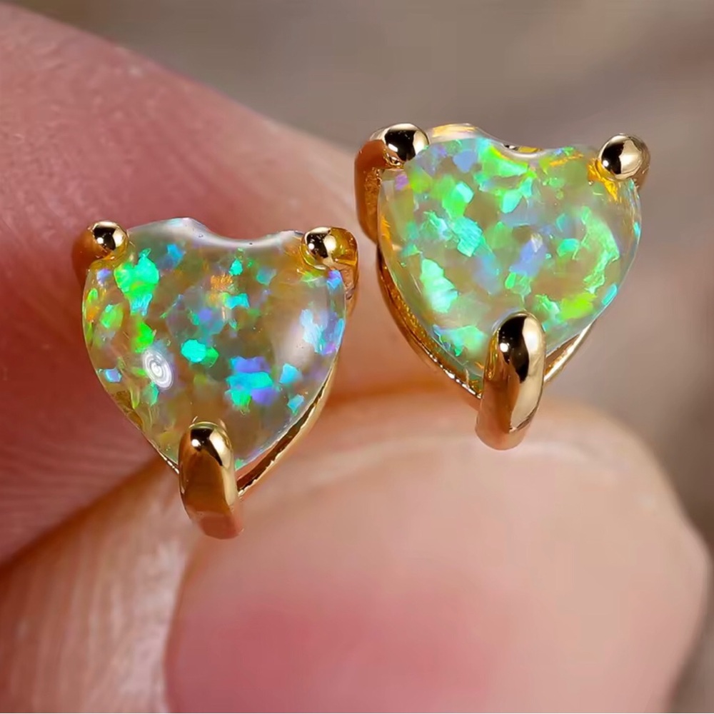 Green Opal Heart Stud Earrings in Gold